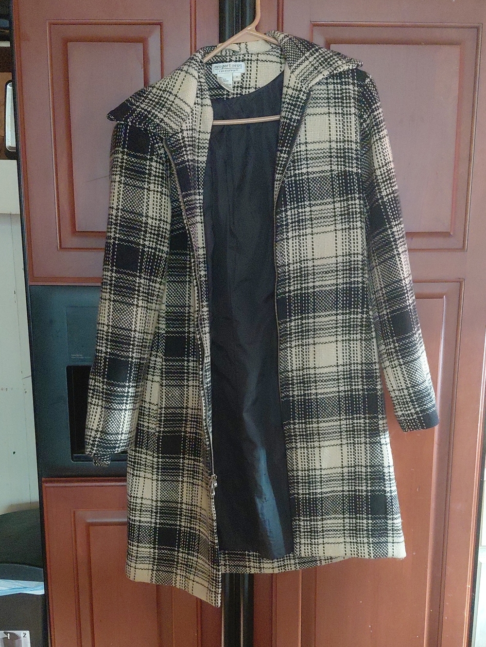 Newport News Black and Cream Plaid Trench Coat